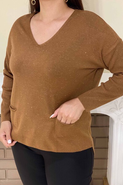Wholesale Women's Knitwear Sweater With Glitter Toggle Pocket - 15900 | KAZEE - Thumbnail