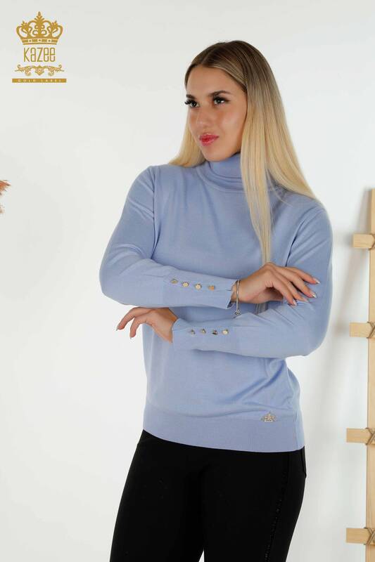 Wholesale Women's Knitwear Sweater Sleeve Button Detail Blue - 30506 | KAZEE
