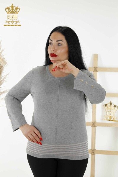 Wholesale Women's Knitwear Sweater - Sleeve Button Detailed - Gray - 30082 | KAZEE - Thumbnail