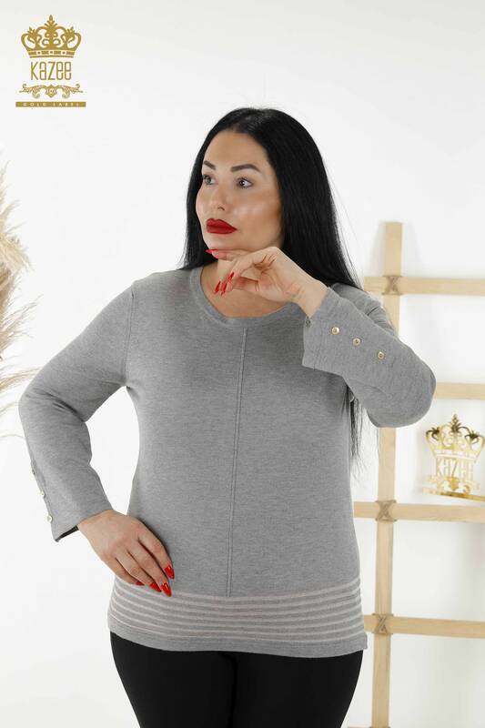 Wholesale Women's Knitwear Sweater - Sleeve Button Detailed - Gray - 30082 | KAZEE