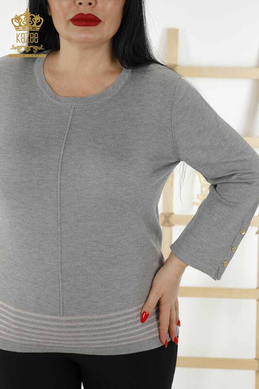 Wholesale Women's Knitwear Sweater - Sleeve Button Detailed - Gray - 30082 | KAZEE