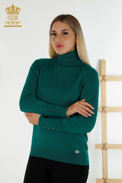 Wholesale Women's Knitwear Sweater with Sleeve Button Detail Green - 30506 | KAZEE - Thumbnail