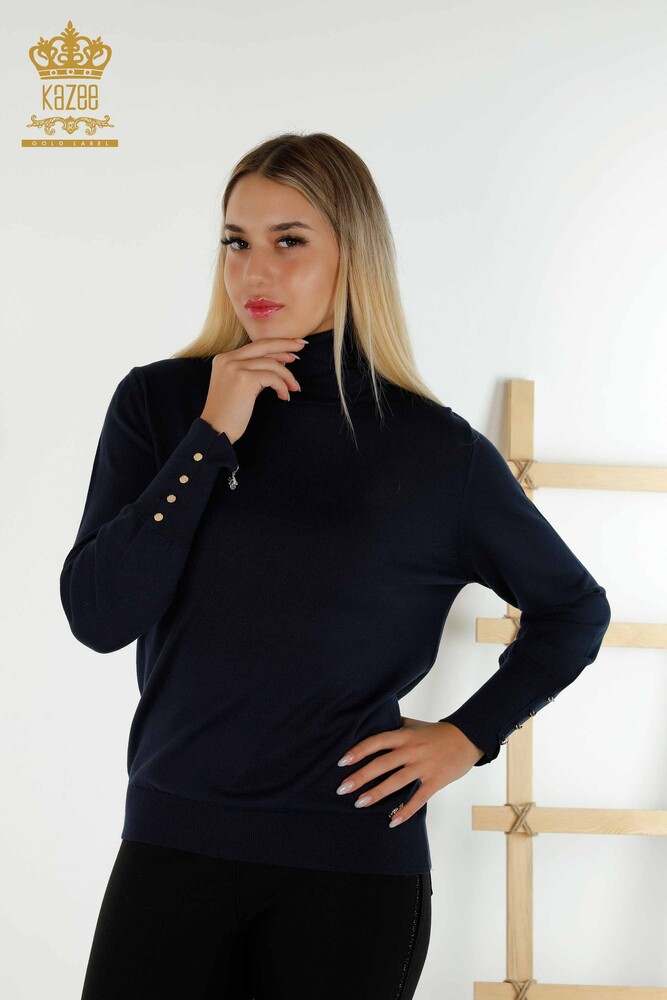 Wholesale Women's Knitwear Sweater with Sleeve Button Detail Navy Blue - 30506 | KAZEE - 1