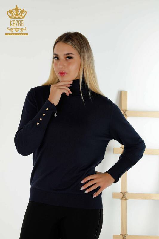 Wholesale Women's Knitwear Sweater with Sleeve Button Detail Navy Blue - 30506 | KAZEE