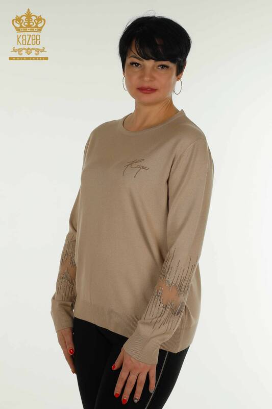 Wholesale Women's Knitwear Sweater with Sleeve Detail Beige - 30153 | KAZEE