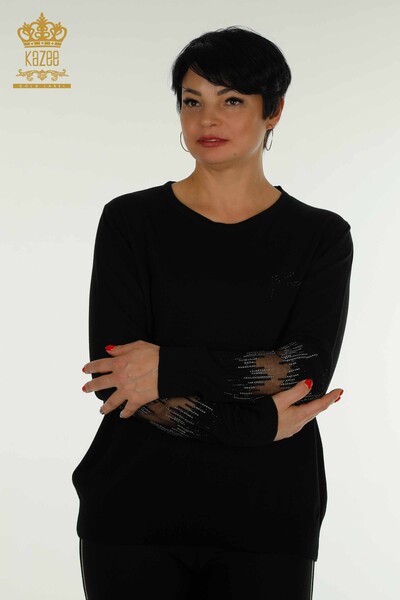 Wholesale Women's Knitwear Sweater with Sleeve Detail Black - 30153 | KAZEE - Thumbnail