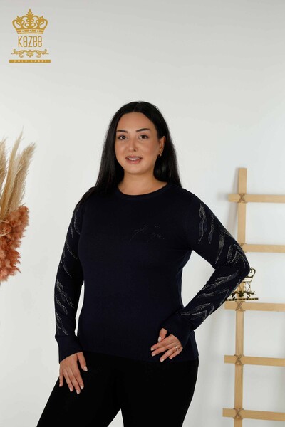 Wholesale Women's Knitwear Sweater - Sleeve Detailed - Navy Blue - 30030 | KAZEE - Thumbnail