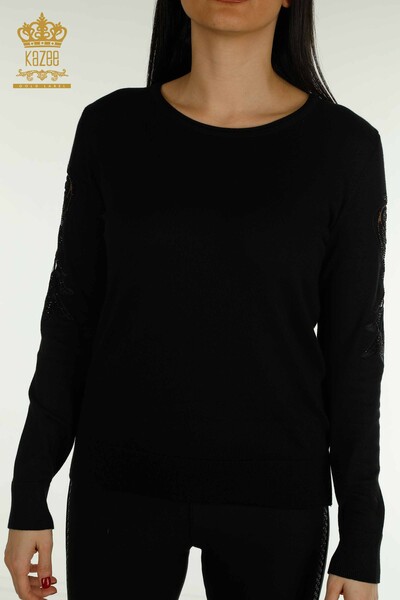 Wholesale Women's Knitwear Sweater Sleeve Rose Detailed Black - 15374 | KAZEE - Thumbnail