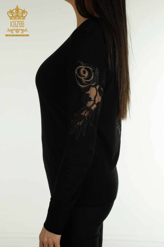 Wholesale Women's Knitwear Sweater Sleeve Rose Detailed Black - 15374 | KAZEE
