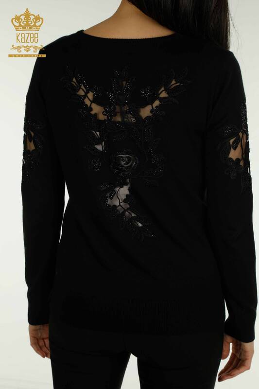 Wholesale Women's Knitwear Sweater Sleeve Rose Detailed Black - 15374 | KAZEE