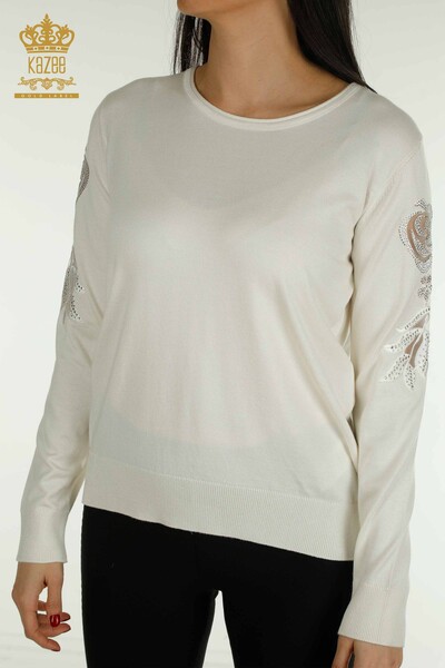 Wholesale Women's Knitwear Sweater Sleeve Rose Detailed Ecru - 15374 | KAZEE - Thumbnail
