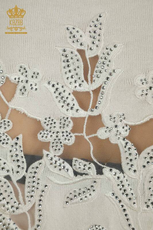 Wholesale Women's Knitwear Sweater Sleeve Rose Detailed Ecru - 15374 | KAZEE