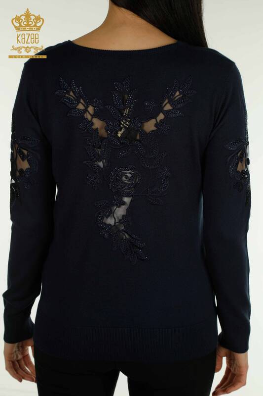 Wholesale Women's Knitwear Sweater Sleeve with Rose Detail Navy Blue - 15374 | KAZEE