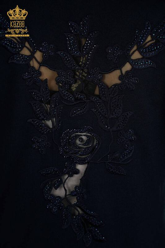 Wholesale Women's Knitwear Sweater Sleeve with Rose Detail Navy Blue - 15374 | KAZEE