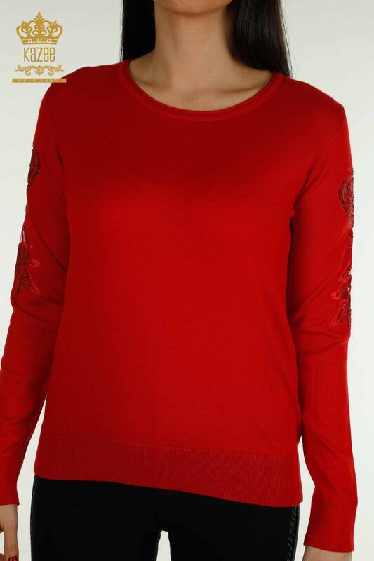 Wholesale Women's Knitwear Sweater Sleeve Red with Rose Detail - 15374 | KAZEE
