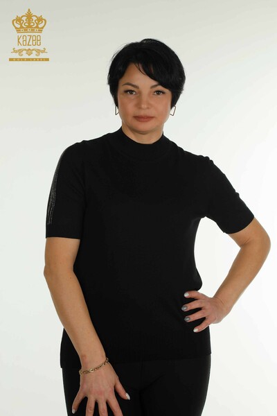 Wholesale Women's Knitwear Sweater Sleeve Stone Embroidered Black - 30552 | KAZEE - Thumbnail