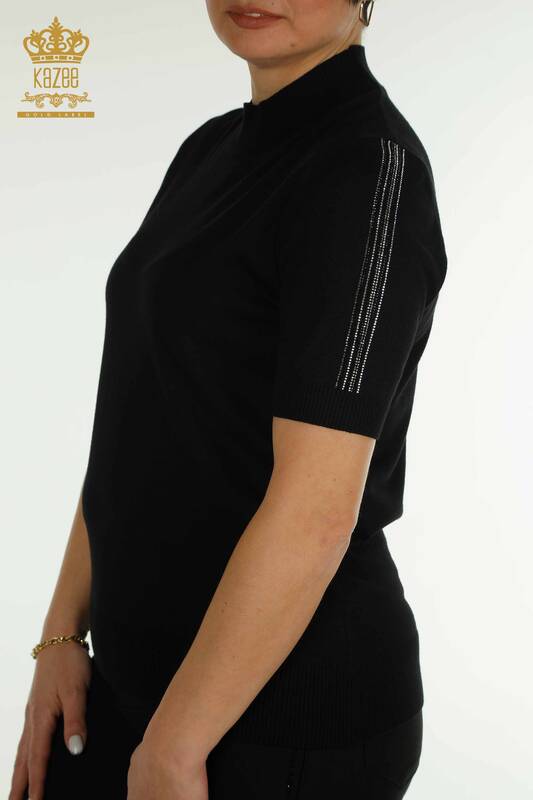 Wholesale Women's Knitwear Sweater Sleeve Stone Embroidered Black - 30552 | KAZEE