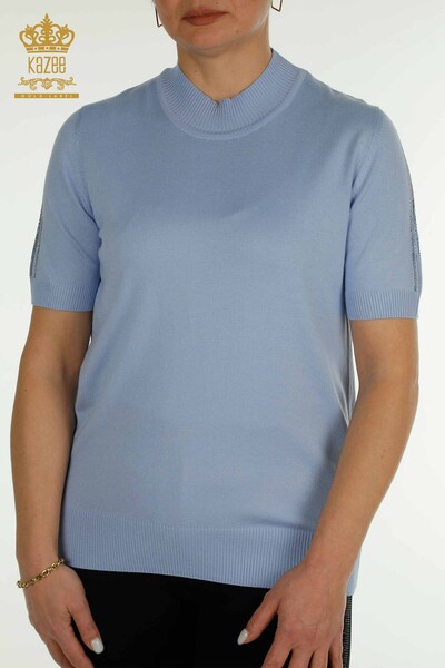 Wholesale Women's Knitwear Sweater Sleeve Stone Embroidered Blue - 30552 | KAZEE - Thumbnail