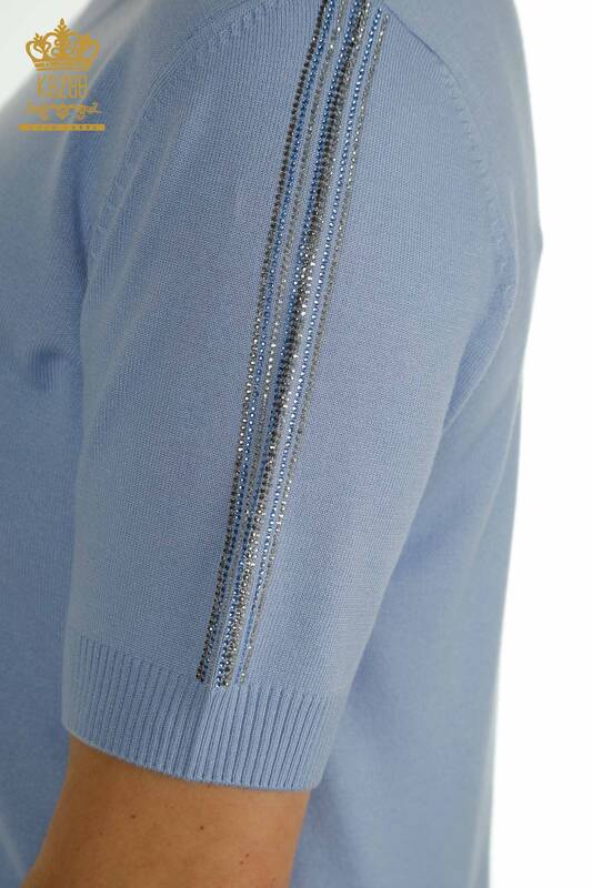 Wholesale Women's Knitwear Sweater Sleeve Stone Embroidered Blue - 30552 | KAZEE