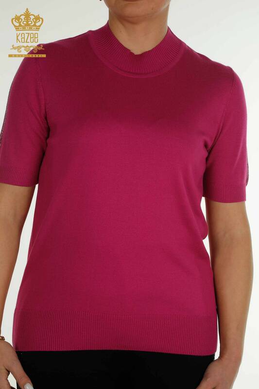 Wholesale Women's Knitwear Sweater Sleeve Stone Embroidered Fuchsia - 30552 | KAZEE