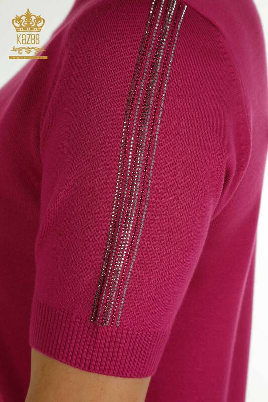Wholesale Women's Knitwear Sweater Sleeve Stone Embroidered Fuchsia - 30552 | KAZEE