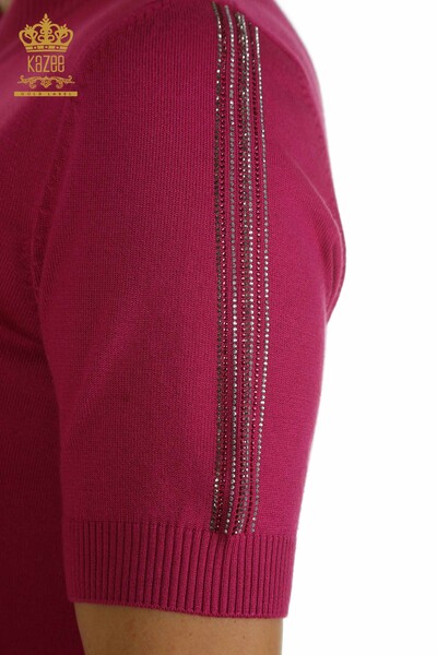 Wholesale Women's Knitwear Sweater Sleeve Stone Embroidered Fuchsia - 30552 | KAZEE - Thumbnail