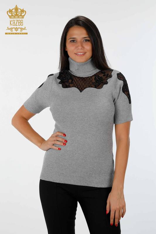 Wholesale Women's Knitwear Sweater Sleeve Tulle Detailed Stone Short Sleeve - 19086 | KAZEE