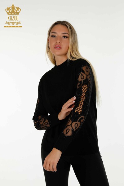 Wholesale Women's Knitwear Sweater Sleeve Tulle Detailed Black - 30021 | KAZEE - Thumbnail