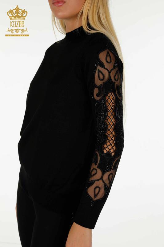 Wholesale Women's Knitwear Sweater Sleeve Tulle Detailed Black - 30021 | KAZEE
