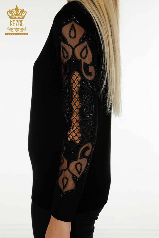 Wholesale Women's Knitwear Sweater Sleeve Tulle Detailed Black - 30021 | KAZEE