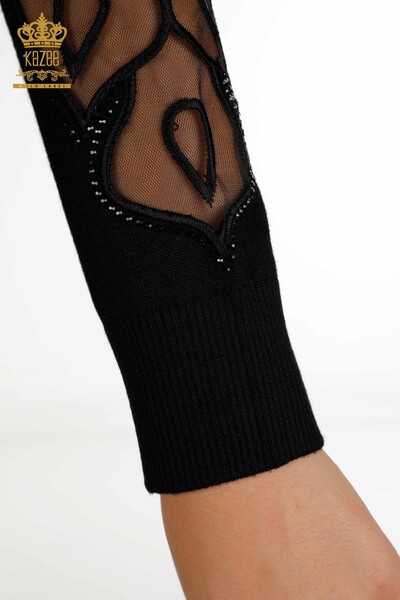 Wholesale Women's Knitwear Sweater Sleeve Tulle Detailed Black - 30021 | KAZEE - Thumbnail