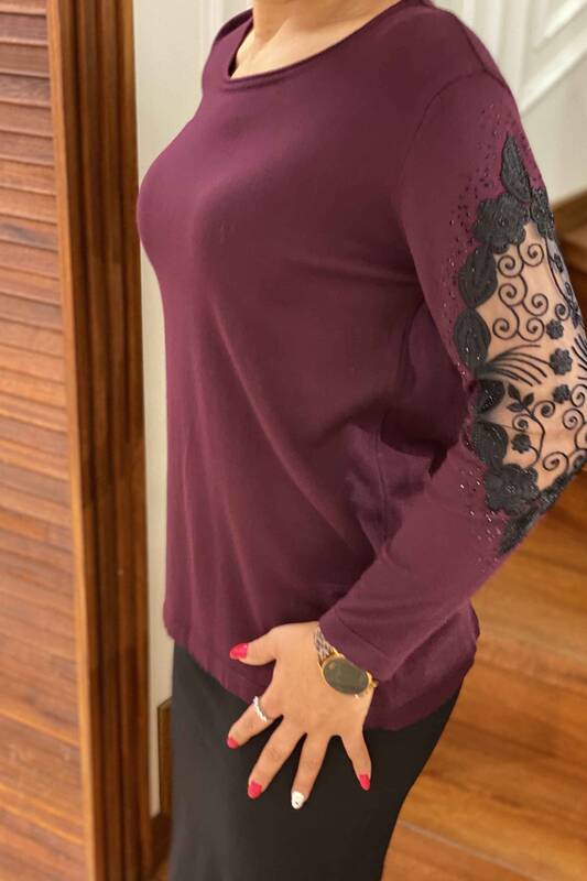 Wholesale Women's Knitwear Sweater Sleeve Tulle Detailed Plus Size - 16082 | KAZEE