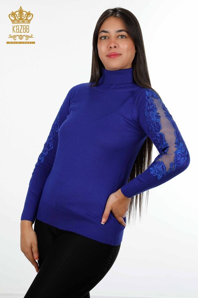 Wholesale Women's Knitwear Sweater Sleeve Tulle Detailed Stone Embroidered - 16905 | KAZEE - Thumbnail