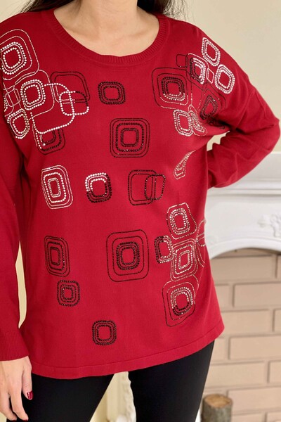 Wholesale Women's Knitwear Sweater Square Patterned Stone Embroidered - 16167 | KAZEE - Thumbnail