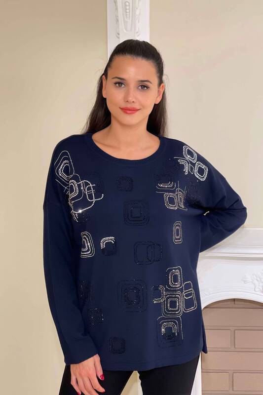 Wholesale Women's Knitwear Sweater Square Patterned Stone Embroidered - 16167 | KAZEE