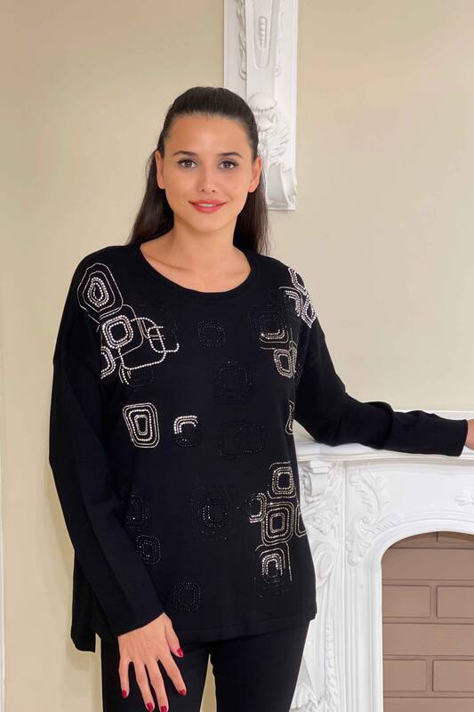 Wholesale Women's Knitwear Sweater Square Patterned Stone Embroidered - 16167 | KAZEE