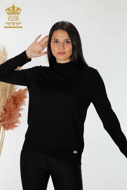 Wholesale Women's Knitwear Sweater High Collar Basic Black - 16663 | KAZEE
