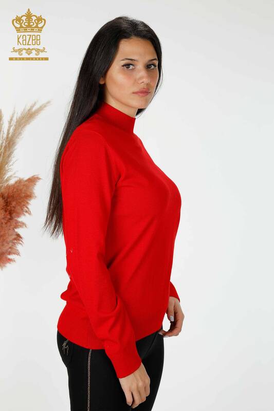 Wholesale Women's Knitwear Sweater High Collar Basic Logo Red - 16663 | KAZEE