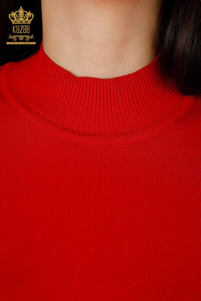 Wholesale Women's Knitwear Sweater High Collar Basic Logo Red - 16663 | KAZEE - Thumbnail