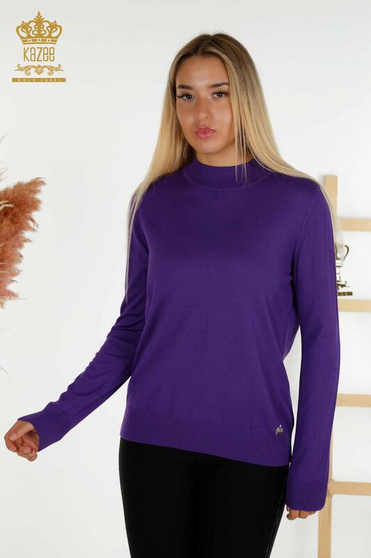 Wholesale Women's Knitwear Sweater - Stand Collar - Basic - Purple - 16663 | KAZEE