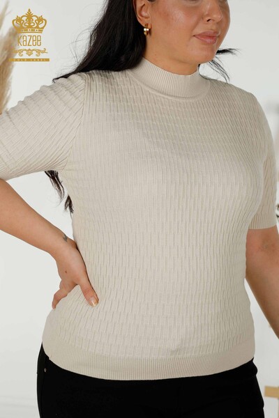 Wholesale Women's Knitwear Sweater - Standing Collar - Beige - 30338 | KAZEE - Thumbnail