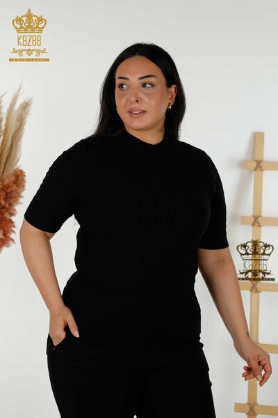 Wholesale Women's Knitwear Sweater - Standing Collar - Black - 30338 | KAZEE - Thumbnail