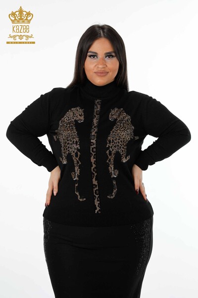Wholesale Women's Knitwear Sweater Stand Up Collar Leopard Pattern Stone Embroidered - 16786 | KAZEE - Thumbnail