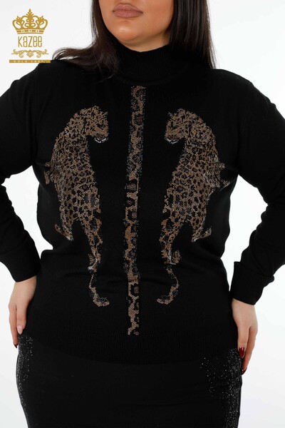Wholesale Women's Knitwear Sweater Stand Up Collar Leopard Pattern Stone Embroidered - 16786 | KAZEE - Thumbnail