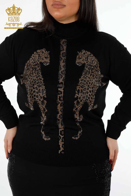 Wholesale Women's Knitwear Sweater Stand Up Collar Leopard Pattern Stone Embroidered - 16786 | KAZEE
