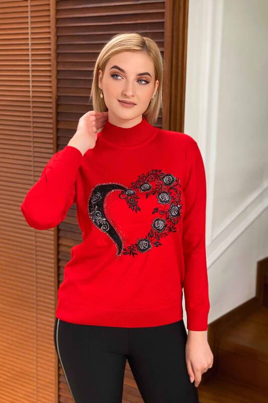 Wholesale Women's Knitwear Sweater Stand-up collar Patterned - 16284 | KAZEE