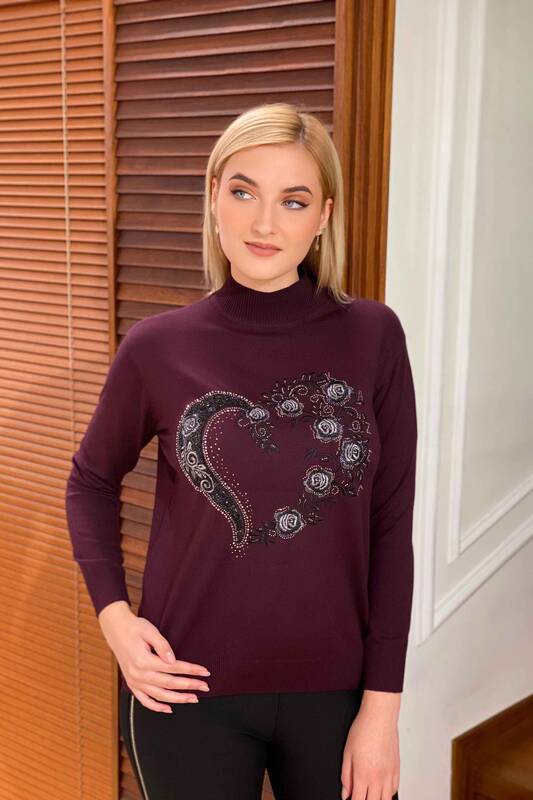 Wholesale Women's Knitwear Sweater Stand-up collar Patterned - 16284 | KAZEE
