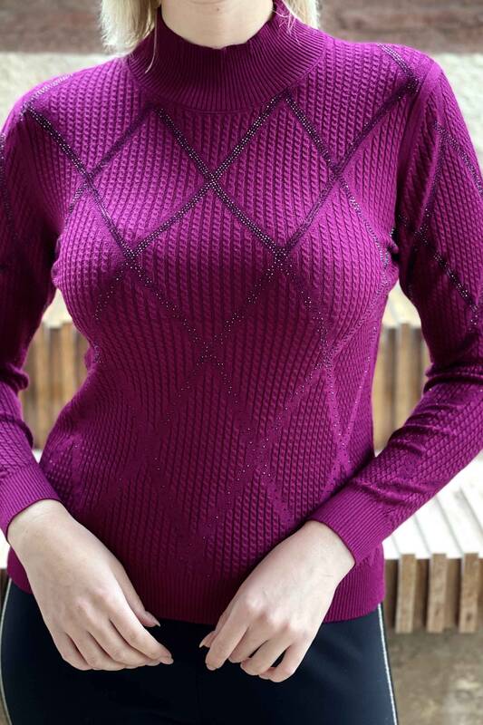 Wholesale Women's Knitwear Sweater Stand Up Collar Pattern - 16293 | KAZEE