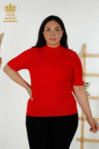 Wholesale Women's Knitwear Sweater - Stand Collar - Red - 30338 | KAZEE - Thumbnail