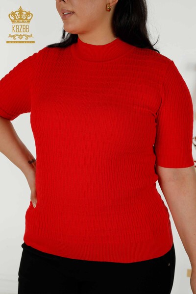 Wholesale Women's Knitwear Sweater - Stand Collar - Red - 30338 | KAZEE - Thumbnail